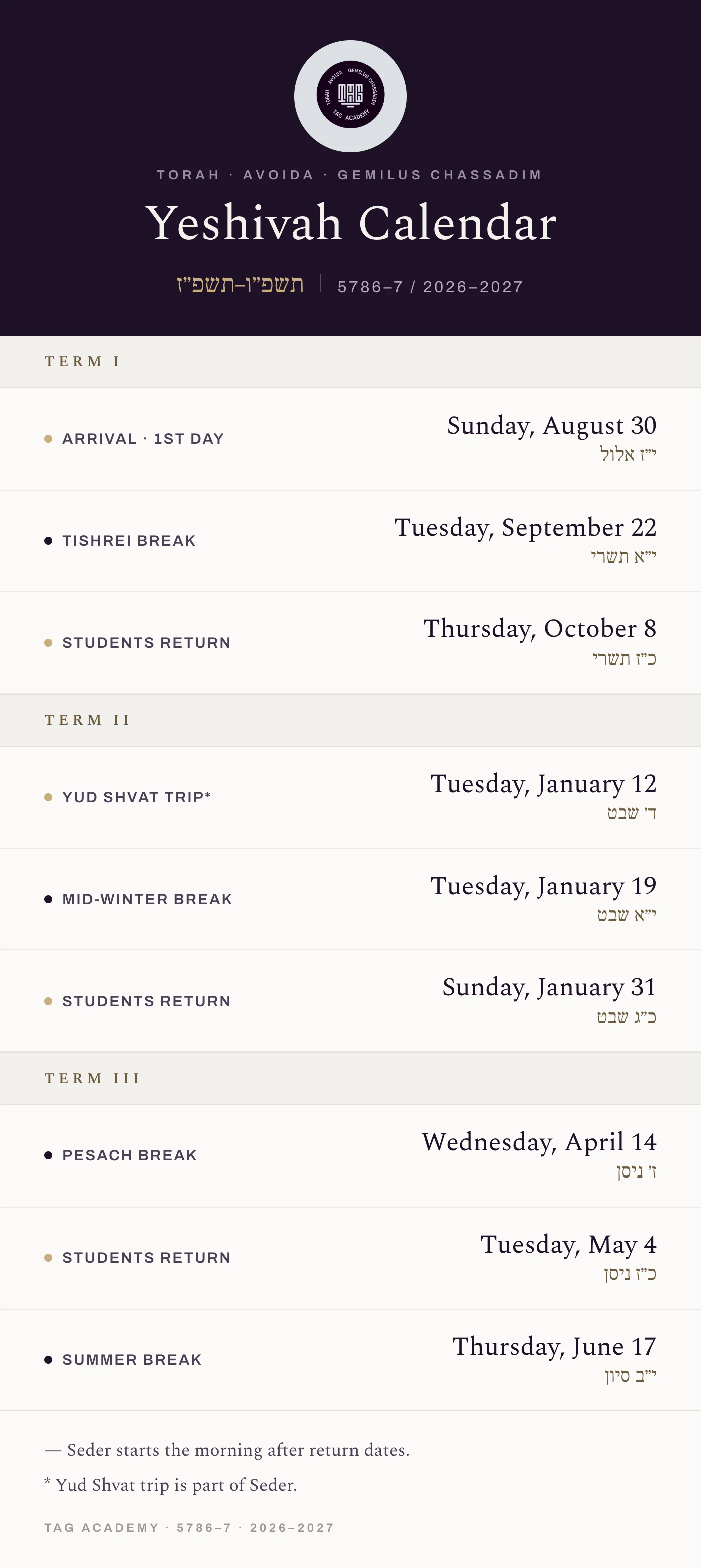TAG Academy school year calendar